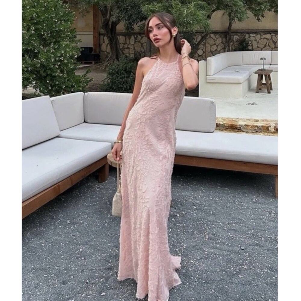 ZARA NEW WOMAN SS25 STRUCTURED MAXI HALTER DRESS BEIGE-PINK XS - Picture 2 of 11